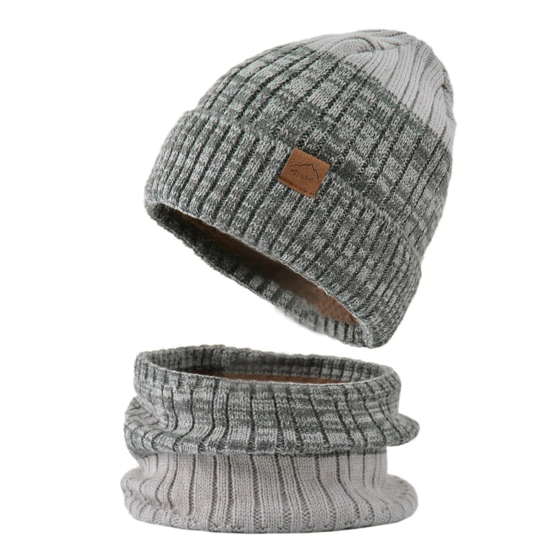 Ensemble Bonnet Snood Tricot Homme Gris Clair et Gris Foncé 
