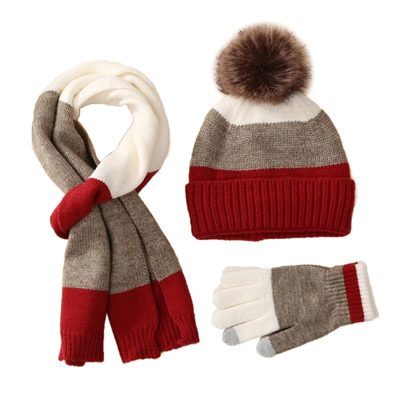 Parure Bonnet Gant Echarpe Enfant Bordeaux et Beige 