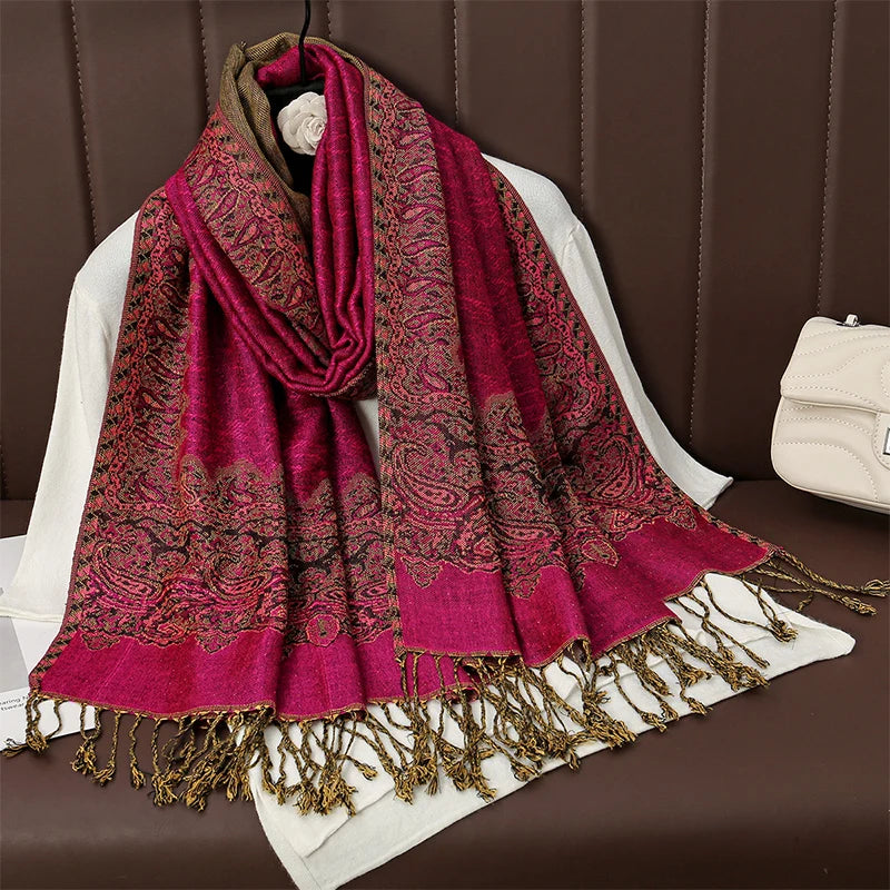 Châle Ethnique Fuchsia et Olive 70x190cm