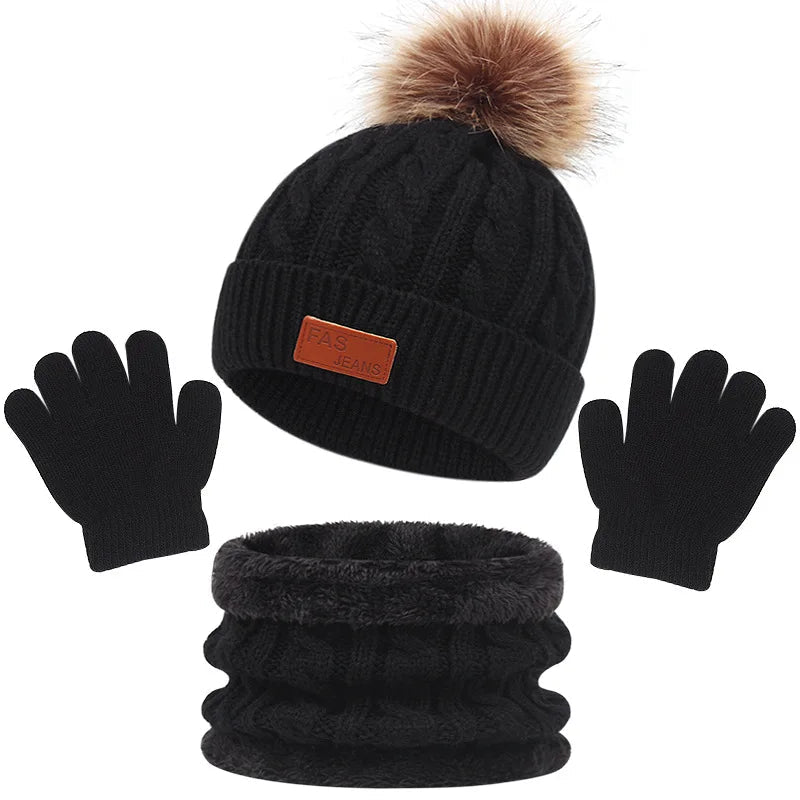 Ensemble Accessoire Bonnet Gant Echarpe Enfant Noir Charbon 
