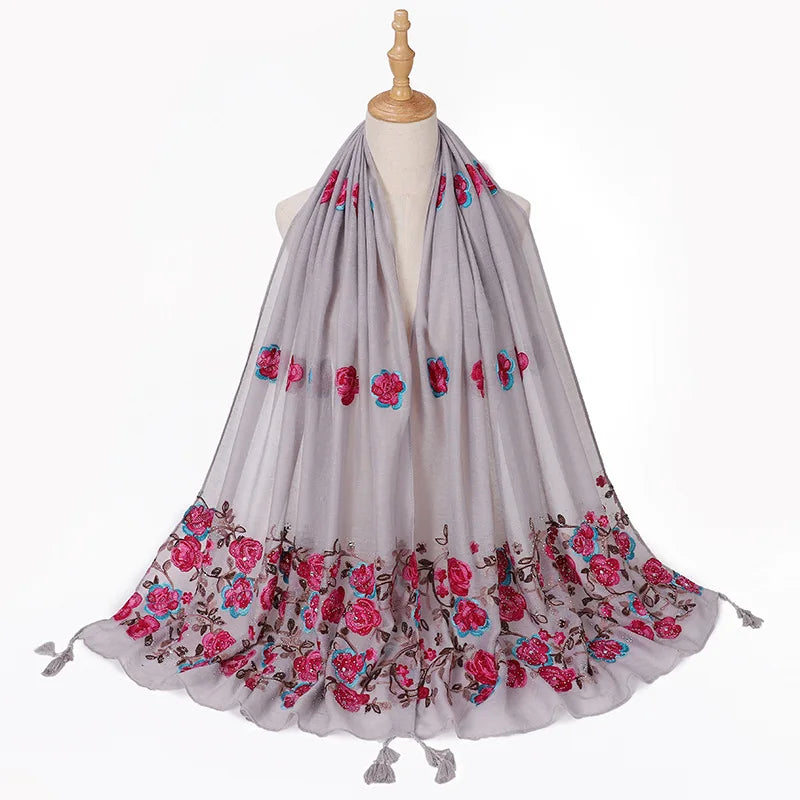 Echarpe Brodée Fleurs Gris et Rose Fuchsia 80*180cm
