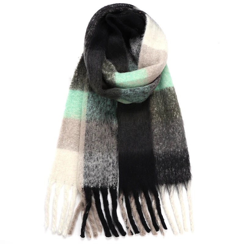Echarpe Plaid à Carreaux Femme Vert Menthe et Noir 35*220cm