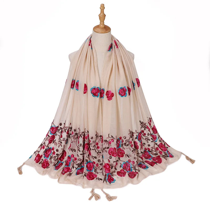 Echarpe Brodée Fleurs Crème et Fuchsia 80*180cm