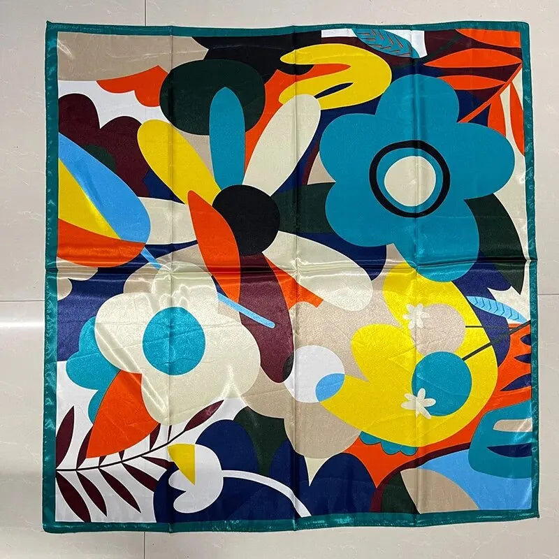 Petit Foulard Carré Synthétique Turquoise et Orange 90*90cm