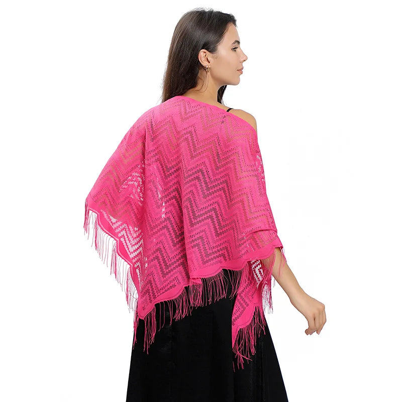 Châle Dentelle au Crochet Fuchsia et Noir 130*130*180cm