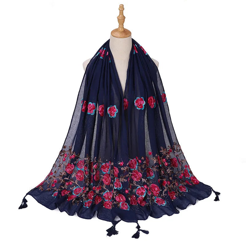 Echarpe Brodée Fleurs Bleu Marine et Rouge Foncé 80*180cm
