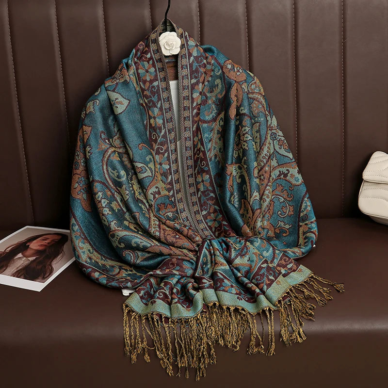 Châle Ethnique Turquoise et Marron 70x190cm