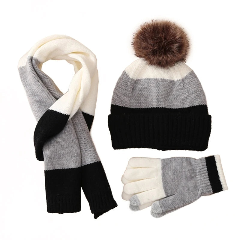 Parure Bonnet Gant Echarpe Enfant Blanc et Noir 