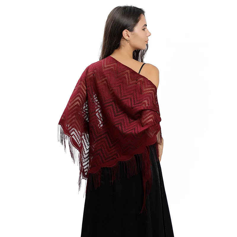 Châle Dentelle au Crochet Bordeaux et Noir 130*130*180cm