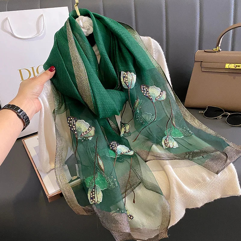 Foulard en Mousseline de Soie Femme - Vert Émeraude et Doré - 180*90cm