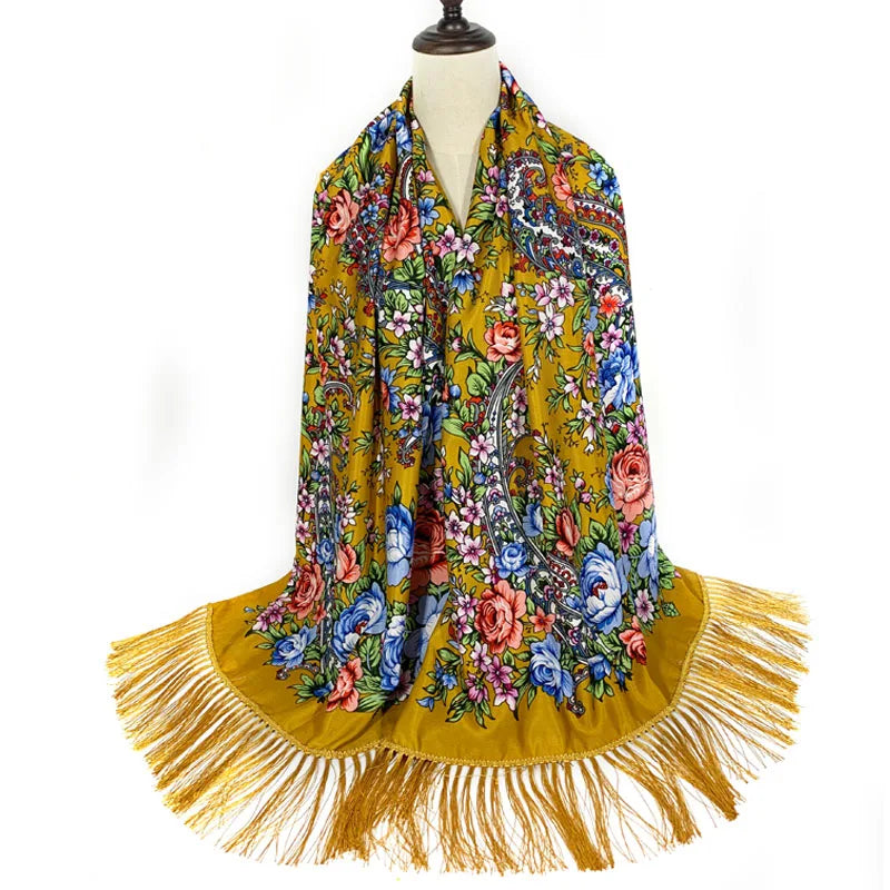 Châle Foulard Russe Jaune Moutarde et Rose Pâle 