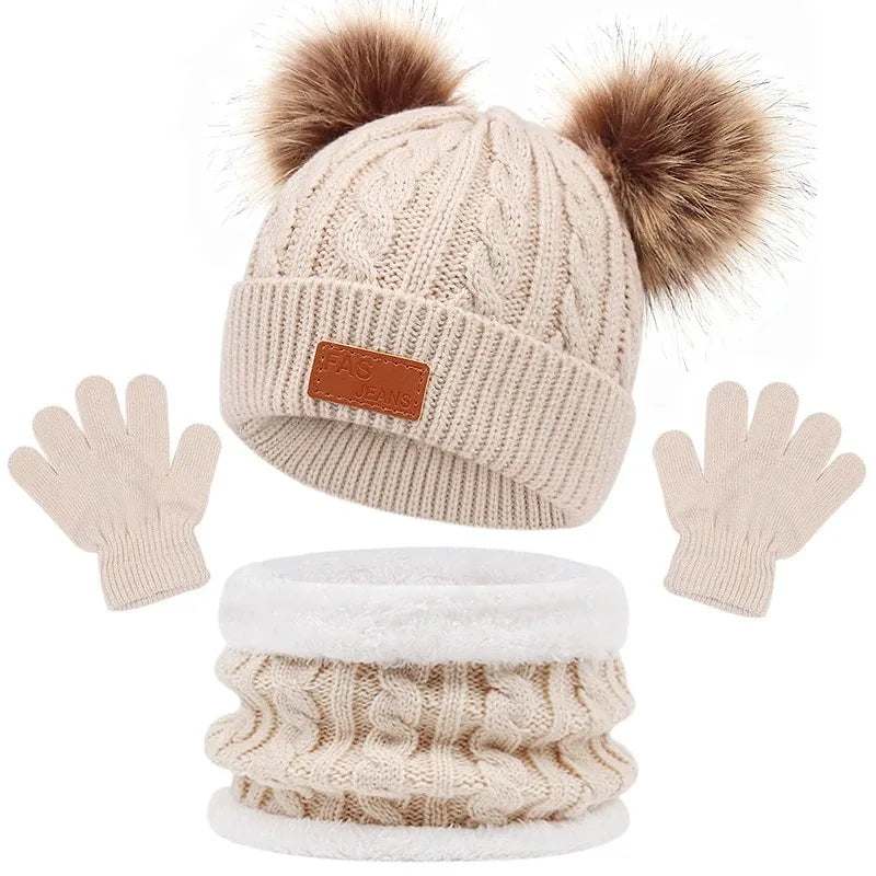 Ensemble Accessoire Bonnet Gant Echarpe Enfant Beige 