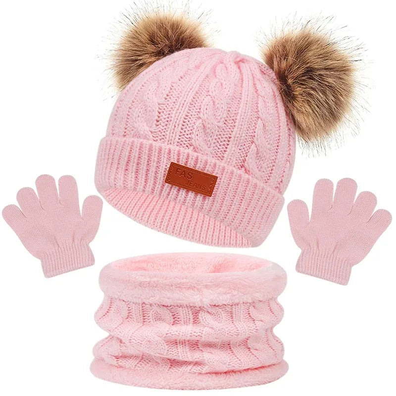 Ensemble Accessoire Bonnet Gant Echarpe Enfant Rose Bonbon 