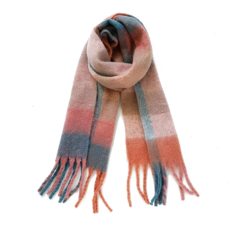 Echarpe Plaid à Carreaux Femme Corail et Bleu Pâle 35*220cm