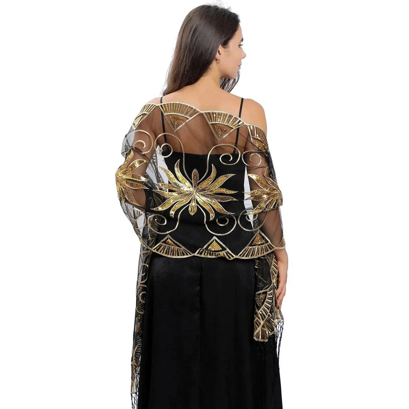 Châle Pour Robe de Soirée Noir et Doré 60*200cm
