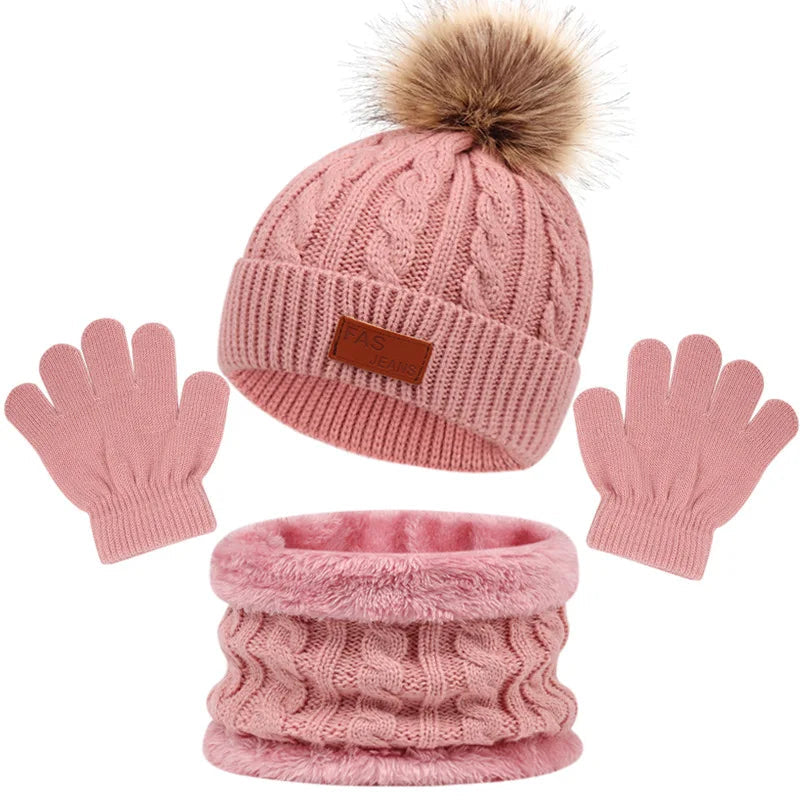 Ensemble Accessoire Bonnet Gant Echarpe Enfant Rose Poudré 