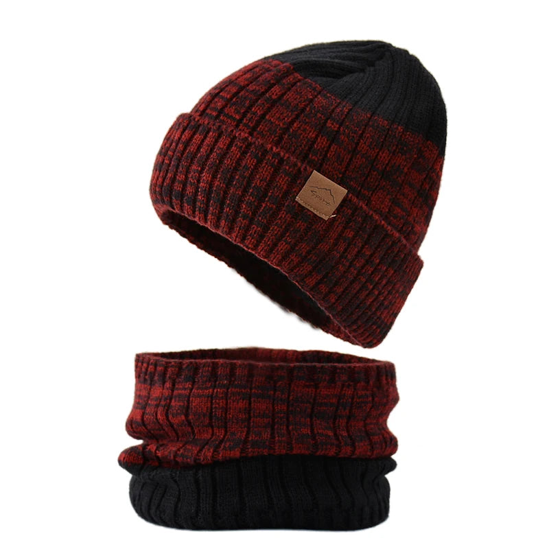 Ensemble Bonnet Snood Tricot Homme Rouge et Noir 