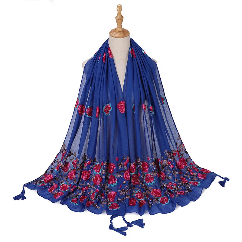 Echarpe Brodée Fleurs Bleu Royal et Rose Fuchsia 80*180cm