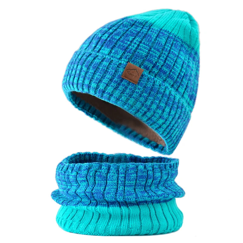 Ensemble Bonnet Snood Tricot Homme Turquoise et Bleu Foncé 