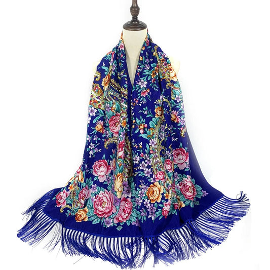 Châle Foulard Russe Bleu Marine et Rose Poudré 