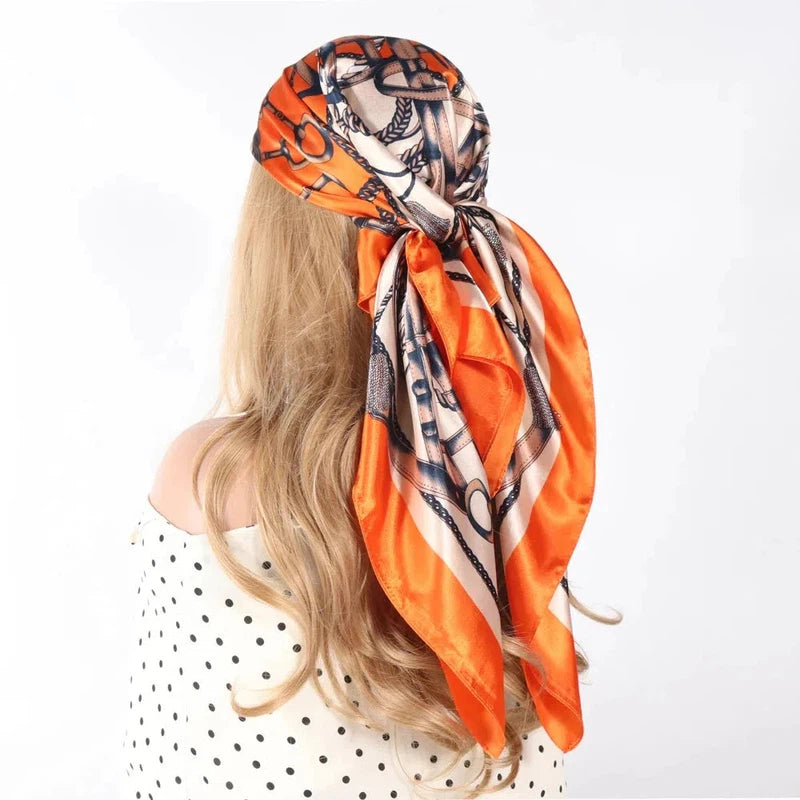 Foulard pour Cheveux Carré Orange et Beige 90*90cm