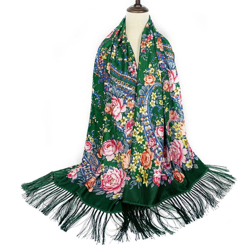 Châle Foulard Russe Vert Émeraude et Rose Pêche 