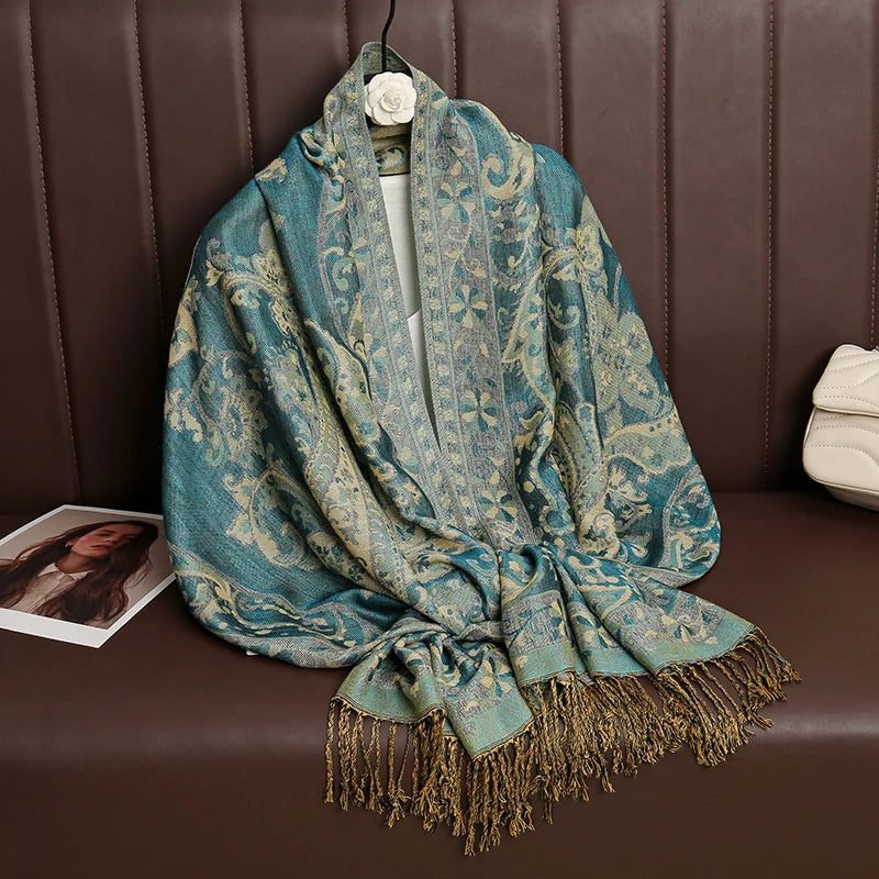 Châle Ethnique Bleu Canard et Beige Clair 70x190cm