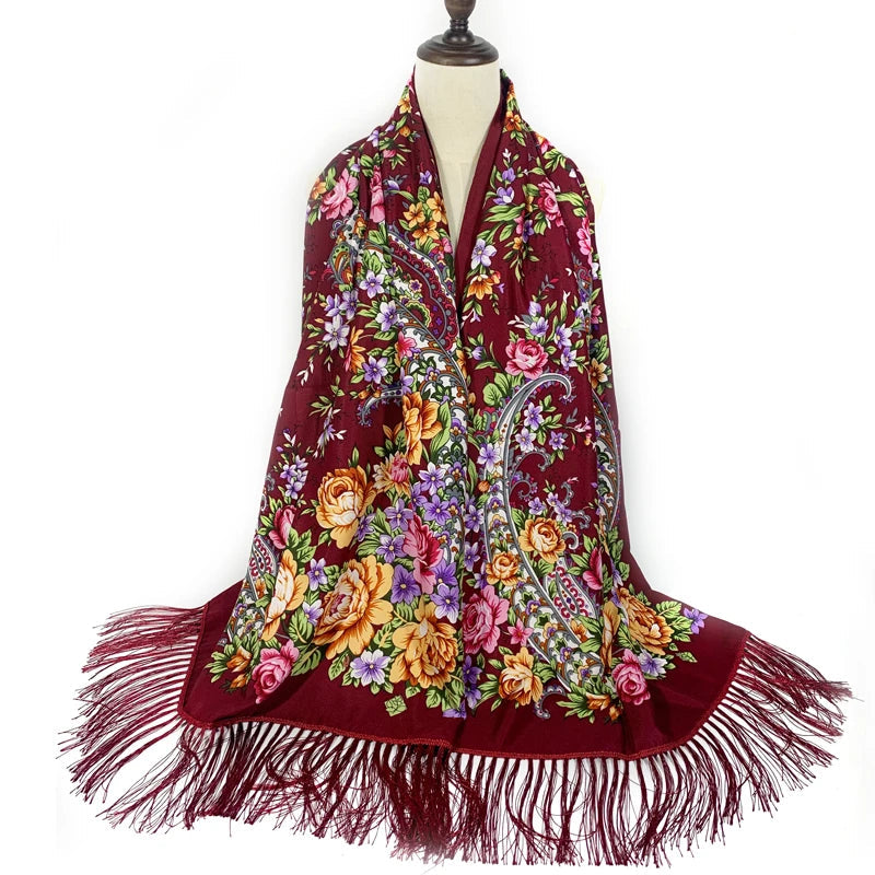 Châle Foulard Russe Bordeaux et Jaune Pâle 