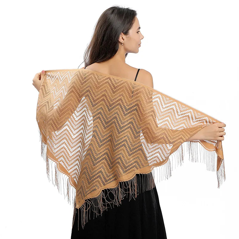 Châle Dentelle au Crochet Beige et Blanc 130*130*180cm