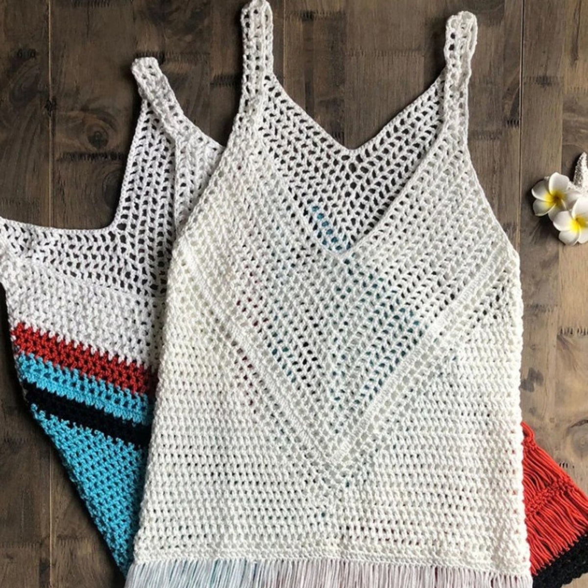 Robe de Plage Courte Semi-Transparente en Crochet deux robes en crochet - Blanc - Multicouleurs