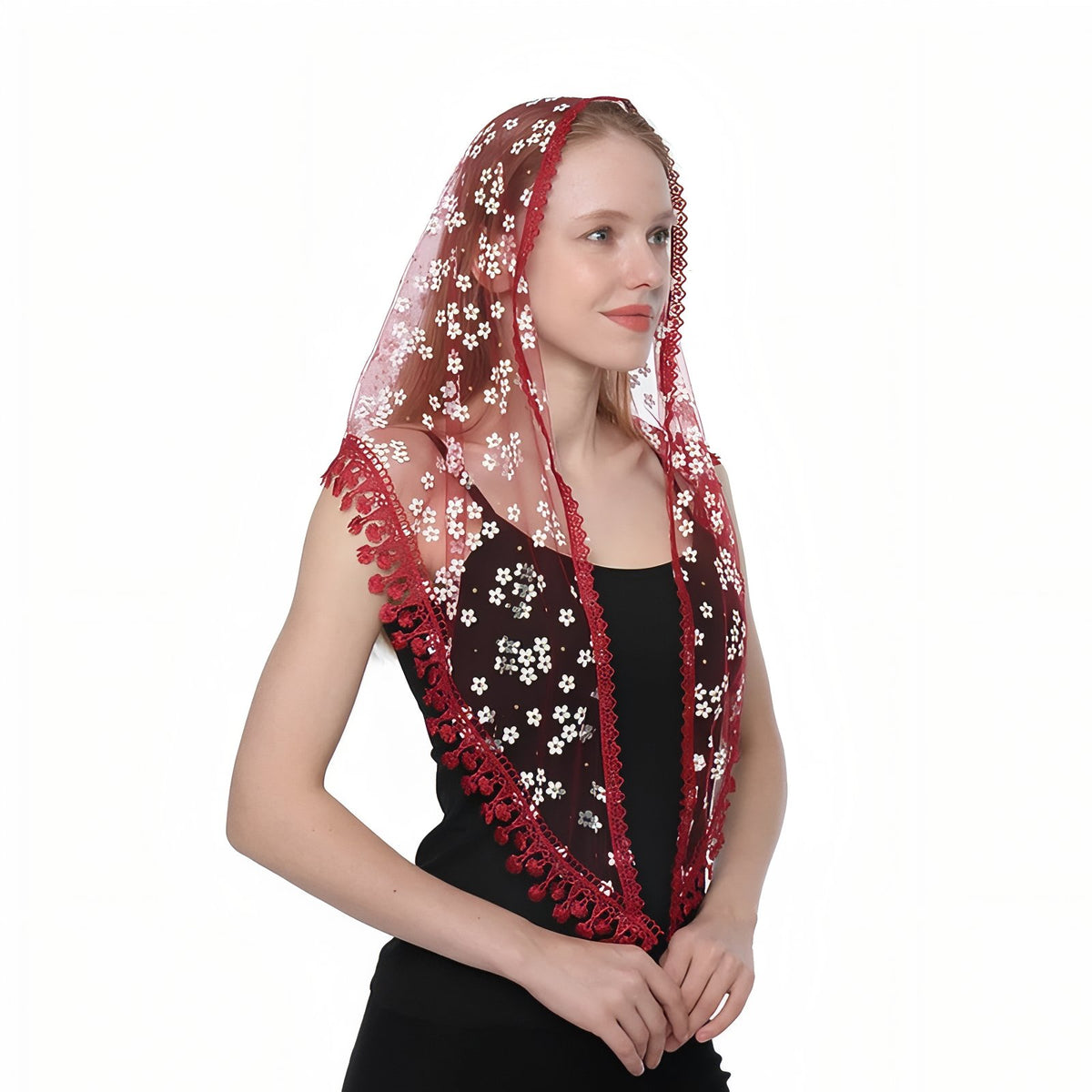 Foulard Triangle Dentelle portée sur la tête - Beige Rosé - Bordeaux - Beige Clair - Blanc - Gris Clair - Corail - Noir - Fuchsia - Rose - Bleu Royal