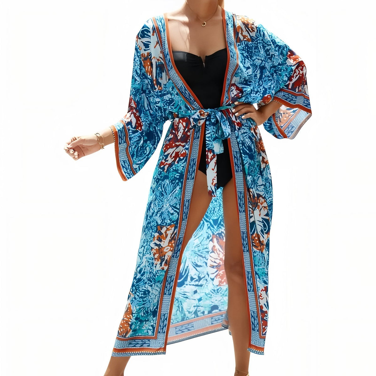 Kimono de Plage Grande Taille Imprimé Eté - Bleu Azur - Unique