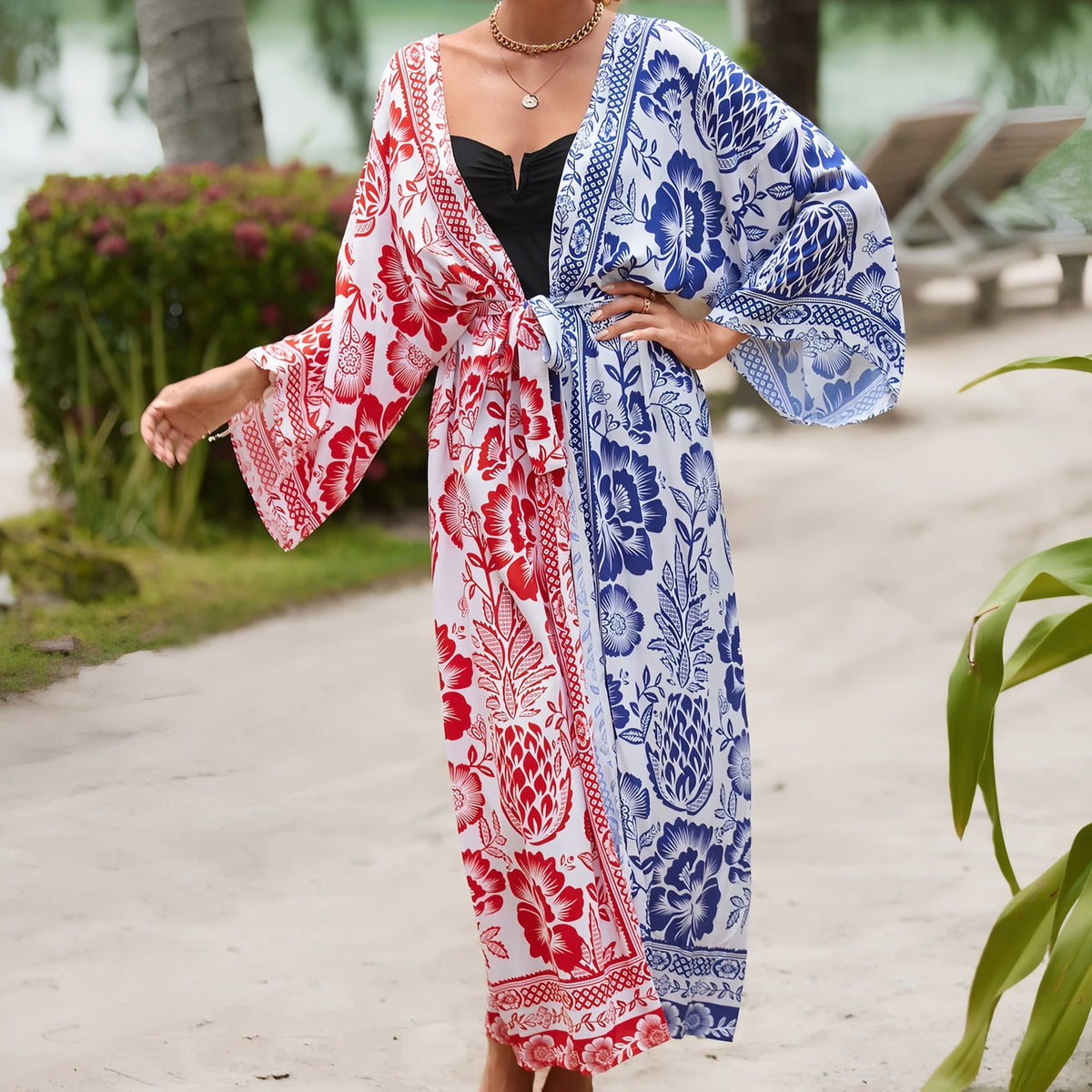 Kimono de Plage Grande Taille Imprimé Eté portée à la main - Paisley Coloré - Feuilles vertes - Beige - Multicouleurs - Bleu Azur - Turquoise - Aigle Sauvage - Noir - Formes géométriques - Rouge et Bleu - Fuchsia Tie Dye