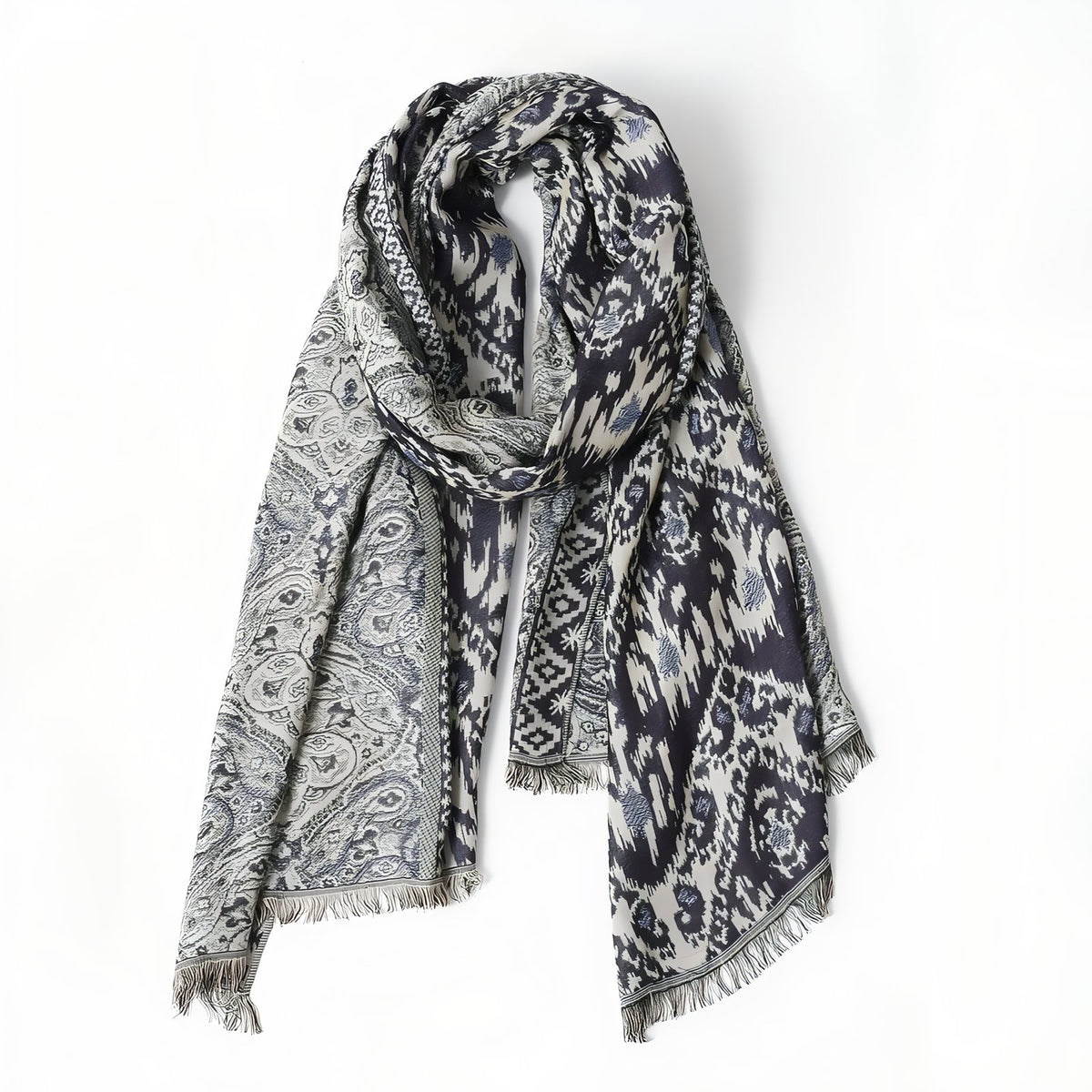 Chèche Motifs Ethniques Bleu Noir - Gris Foncé et Beige Clair - 65*180cm