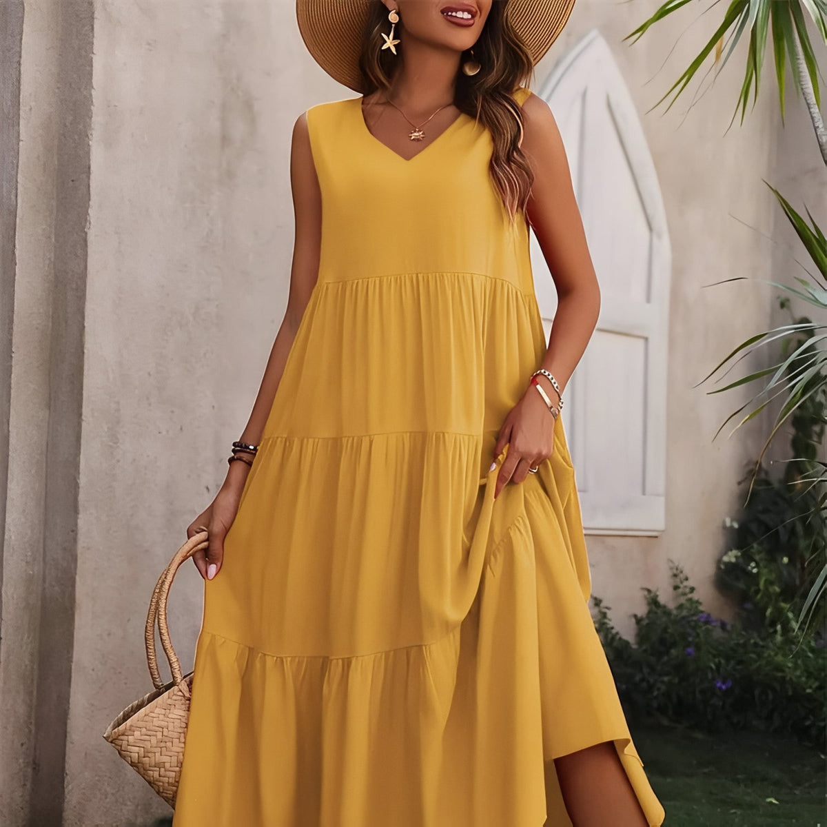 Robe de Plage à Volant portée avec chapeau - Vert - Jaune - Rouge - Rose - Noir