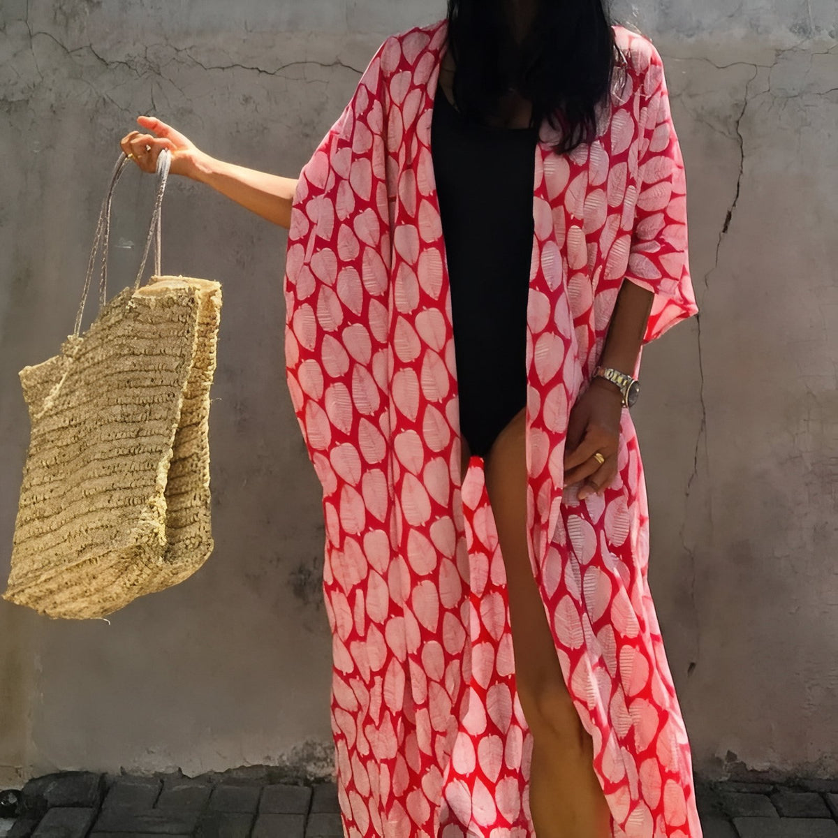 Long Kimono de Plage à Imprimé Graphique - Rouge - Unique