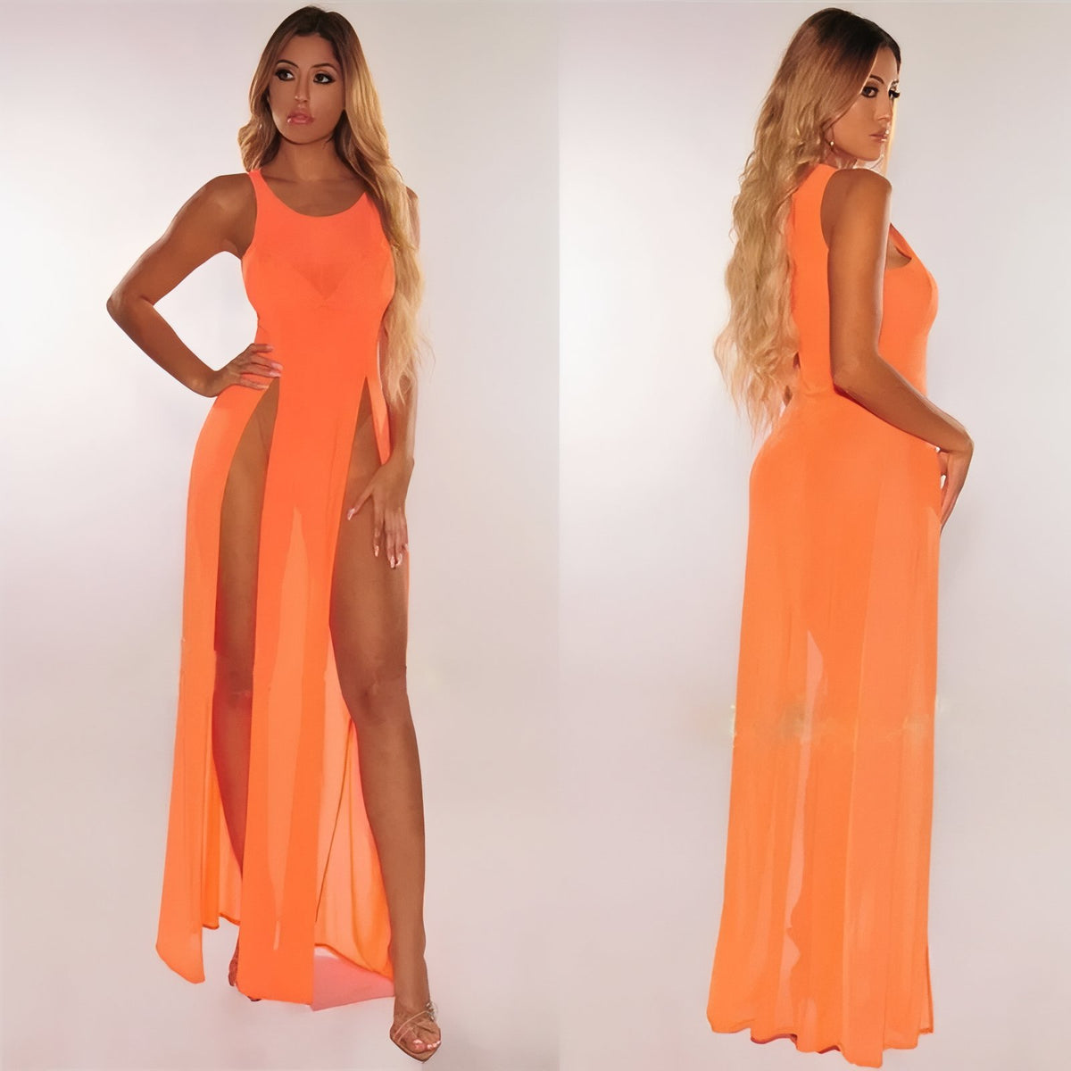Robe de Plage Fendue Transparente portée sur modèle - Fuchsia - Blanc - Orange - Noir