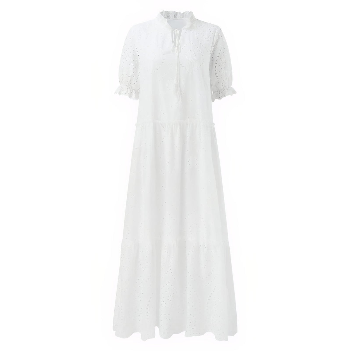 Longue Robe de Plage Blanche à Dentelles Brodées Style Bohème - Blanc