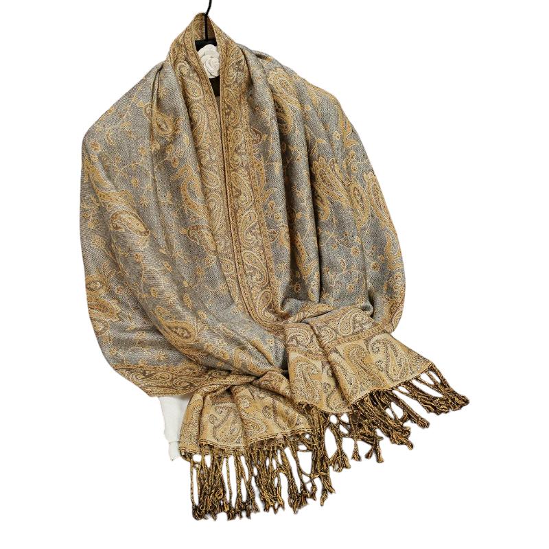 Foulard Motif Ethnique Gris et Doré 70x190cm