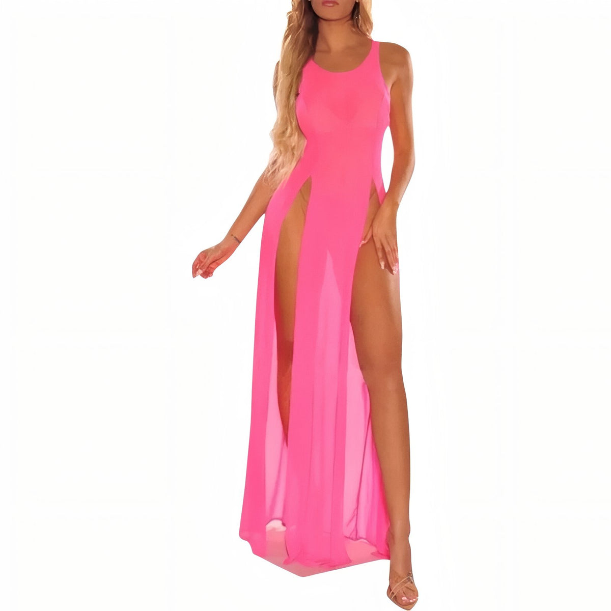 Robe de Plage Fendue Transparente - Fuchsia