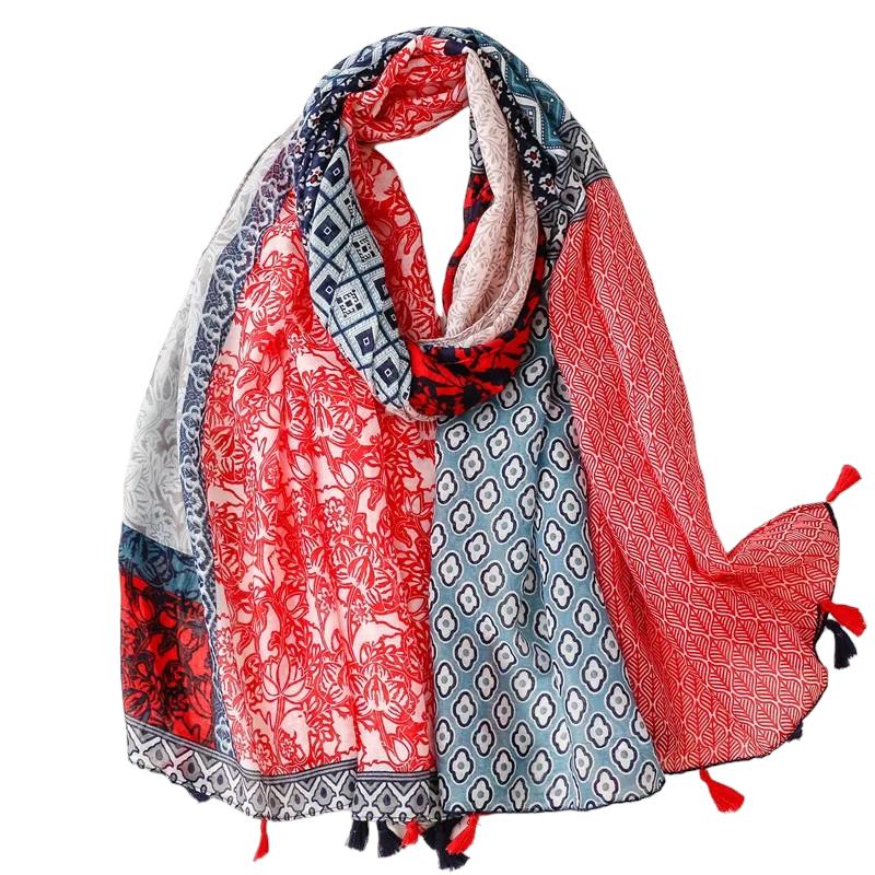 Chèche Echarpe Multicolore Originale Rouge et Bleu Ciel 180*90cm