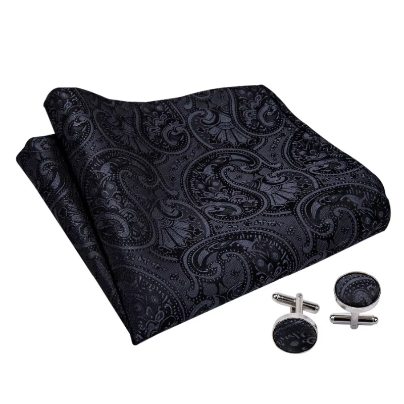 Ascot en Soie avec Boutons et Pochette noir à plat avec boutons de manchette