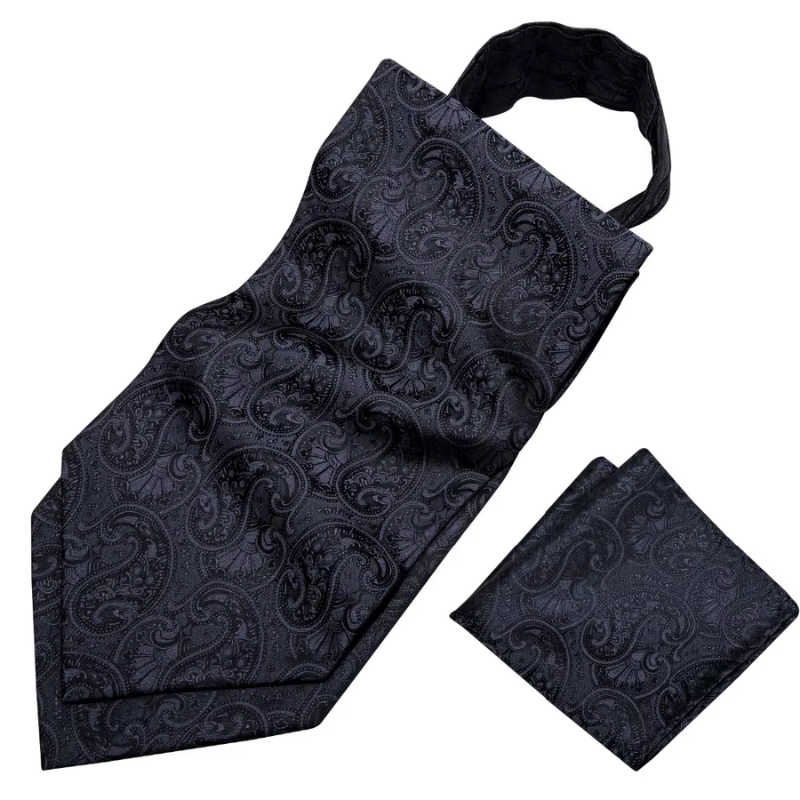 Ascot en Soie avec Boutons et Pochette noir à plat avec pochette