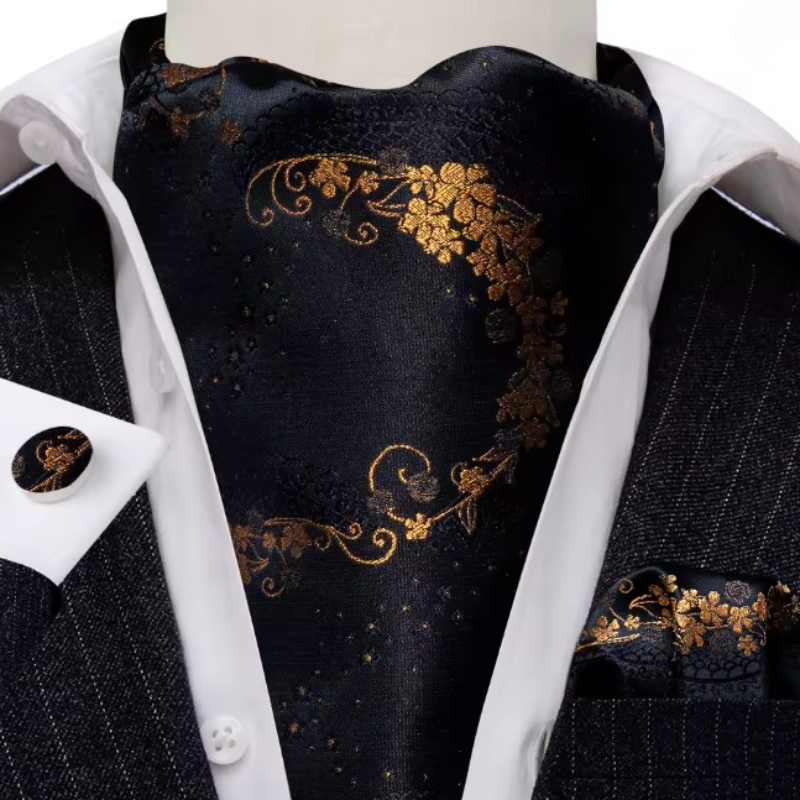 Ascot en Soie avec Boutons et Pochette Or et Noir