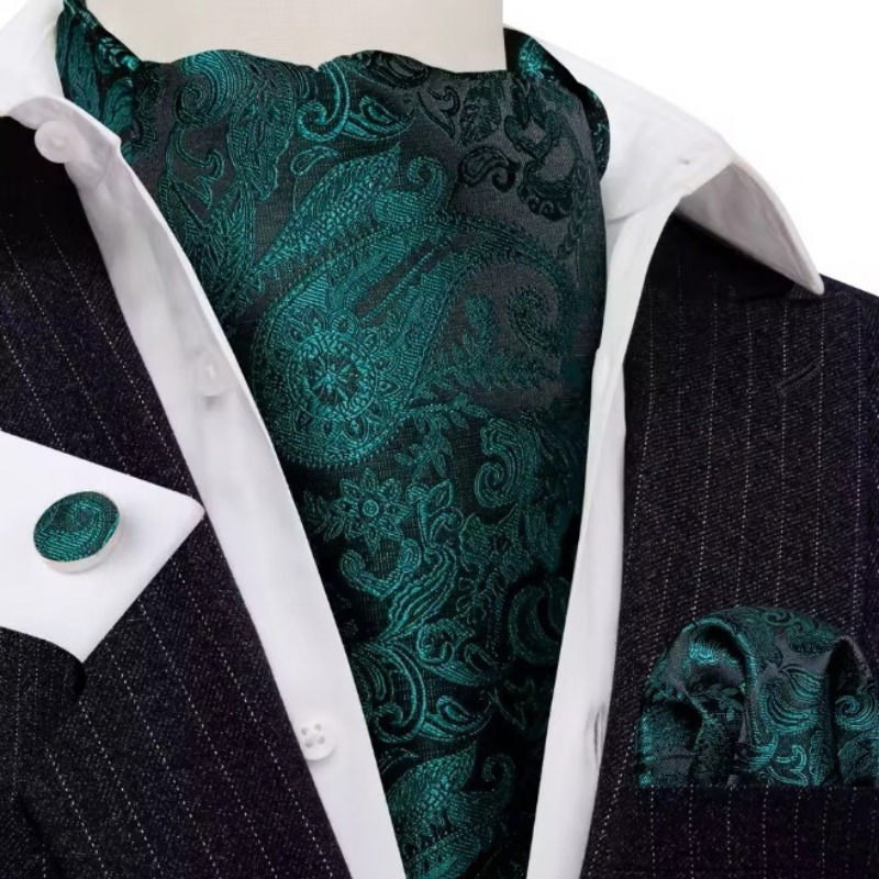 Ascot en Soie avec Boutons et Pochette Vert Emeraude
