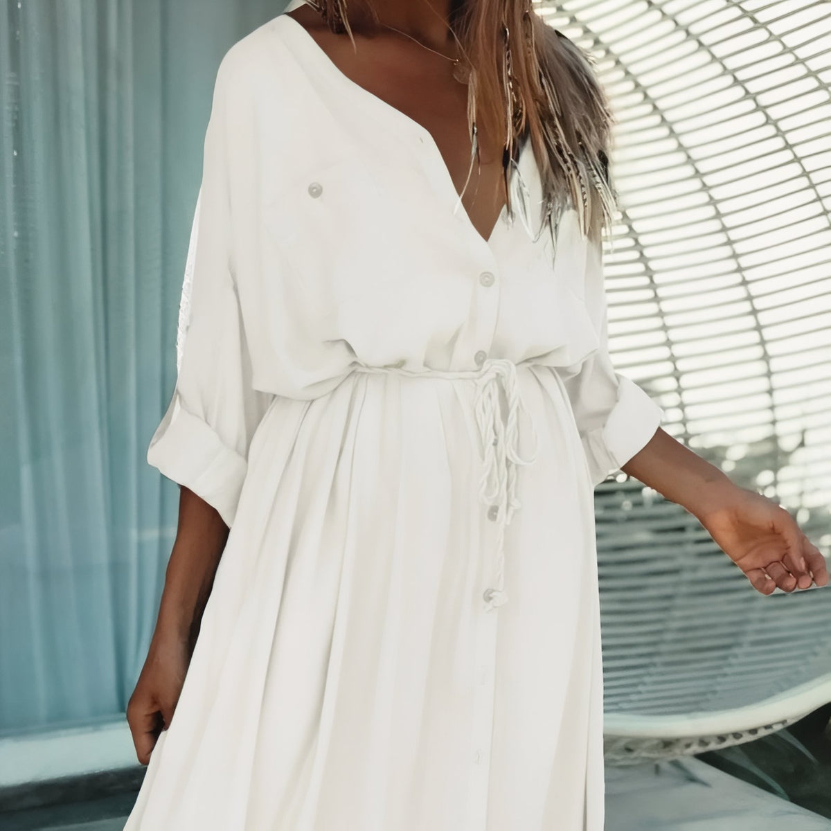 Robe de Plage Longue Style Chemisier portée à la main - Vert - Blanc