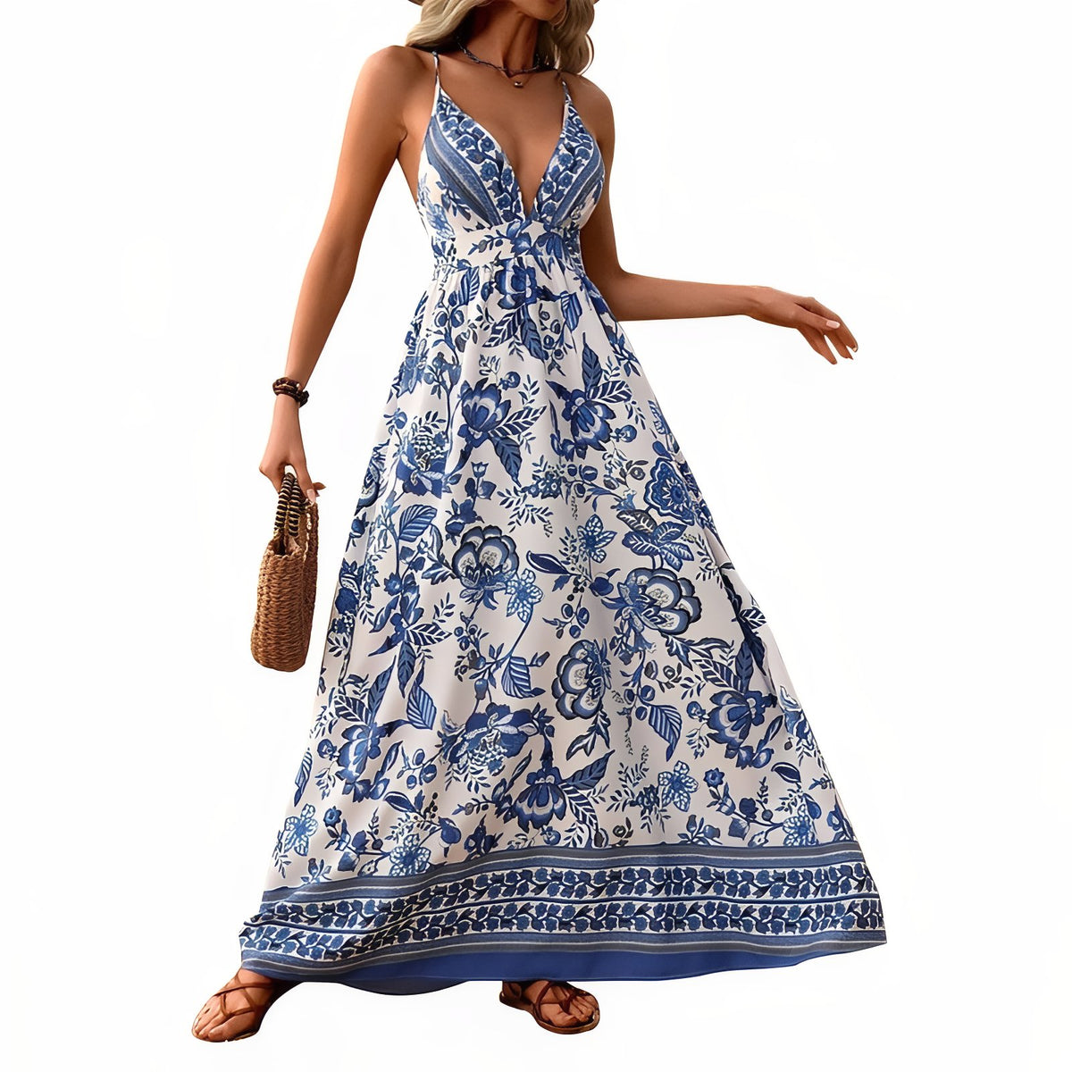 Longue Robe Bohémienne à Col V et Motifs Fleuris - Bleu et Blanc