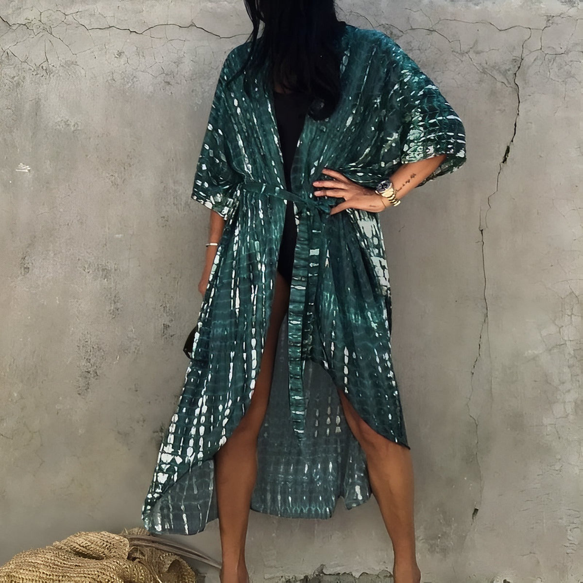 Kimono de plage Imprimé Ligné portée à la main - Noir - Vert Armée - Vert Intense - Bleu Marine - Bleu Ciel - Vert Emeraude - Bleu Cyan - Rouge - Jaune
