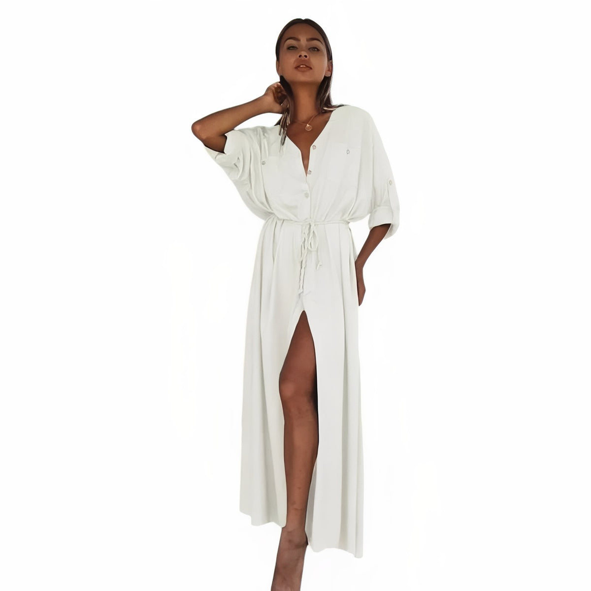 Robe de Plage Longue Style Chemisier - Blanc - Unique