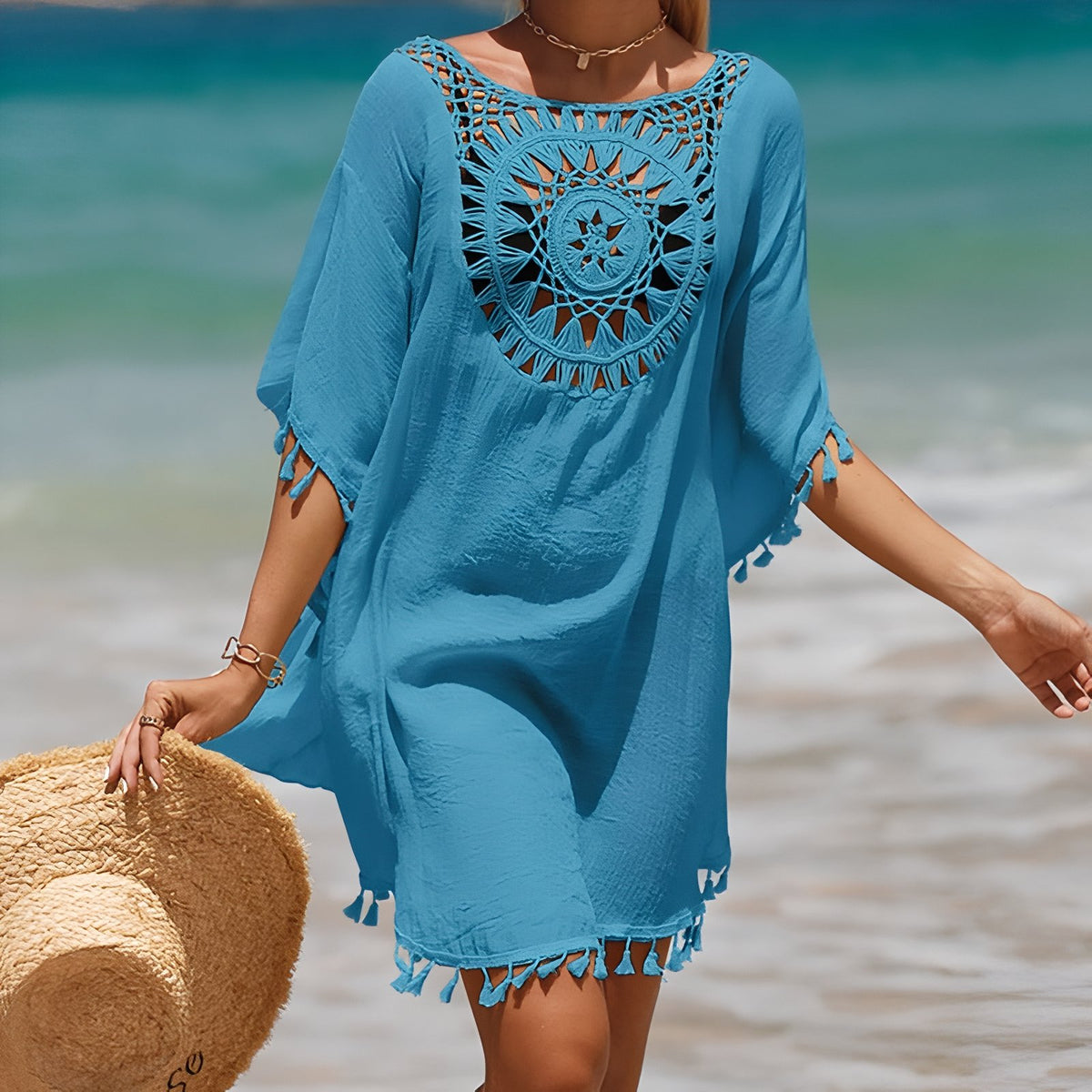 Robe de Plage Motif Attrape Rêve portée à la main - Rose - Bleu - Noir - Beige - Blanc